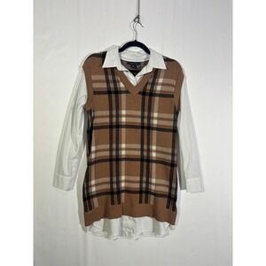 Preppy Academic Tahari Plaid Layered Sweater Vest Dress Women Small Brown
